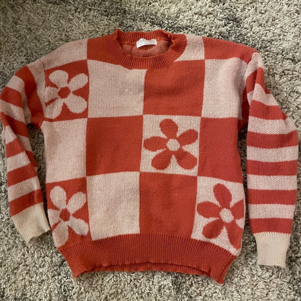 Liam & Co Orange and Cream Checkered Sweater with Floral‎ Design Size Small